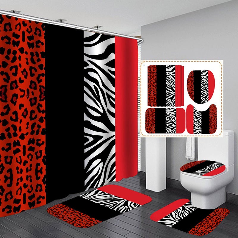 jieprom 4PCS Leopard Print Shower Curtain Set with Rug  Toilet Lid Cover and Bath Mat Red Black Splice Shower Curtain with 12 Hooks  Complete Bathroom Accessories Decor Set - Image 1